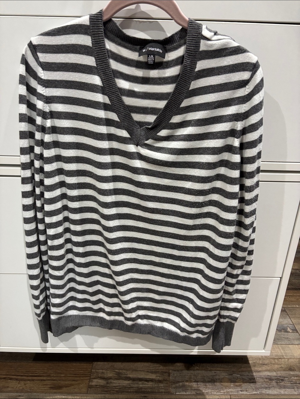 Womens Worthwhile Gray & White Striped V-Neck Sweater